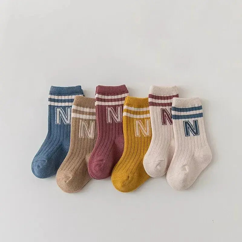 3 Pairs Baby Letter Socks Knit Soft Cotton Sock Kids Long Knee High Socks Infant Toddler Baby Boys Girls Cute Stripe Socks Picnicdouille