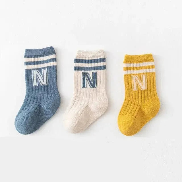 3 Pairs Baby Letter Socks Knit Soft Cotton Sock Kids Long Knee High Socks Infant Toddler Baby Boys Girls Cute Stripe Socks Picnicdouille