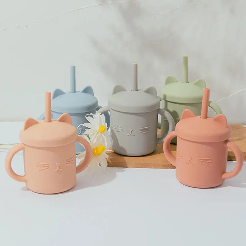 Tasse bébé en silicone avec paille - Modèle chat - Picnicdouille